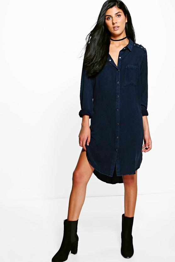 Amy Dark Navy Lace Up Shoulder Denim Shirt Dress